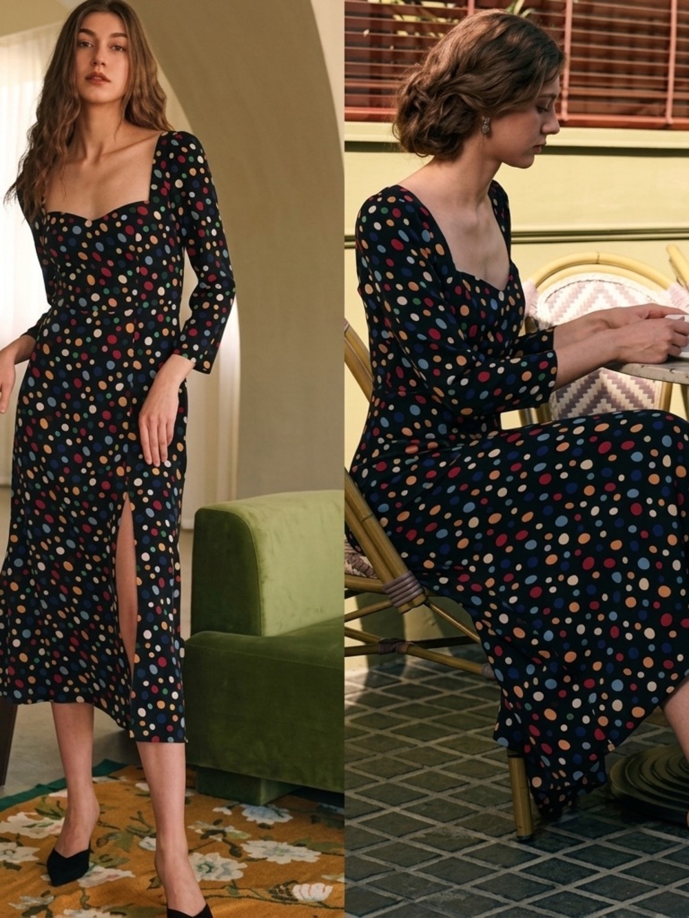 Reformation Mabille Dot Long Sleeve Midi Dress in Black Sz 0 Sz XS - NWOT